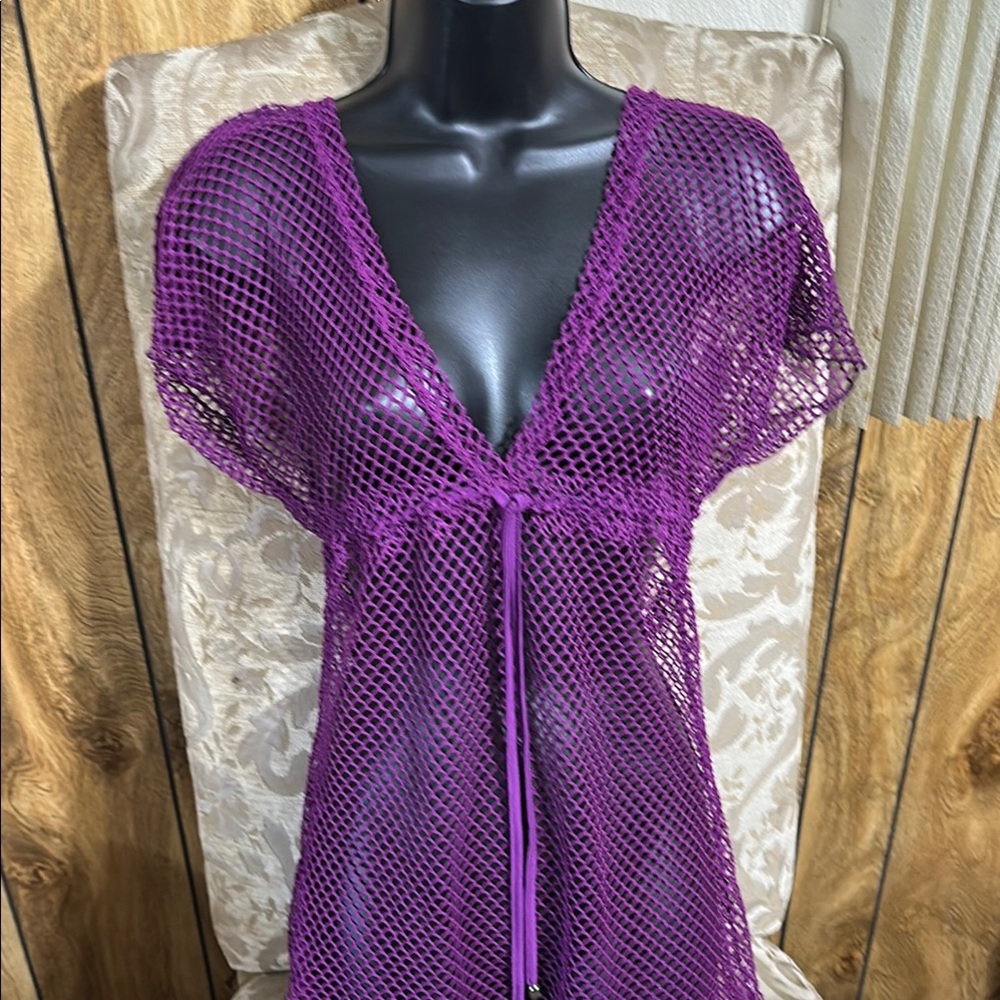 Purple Polka Dot Swim Cover-Up with Empire Waist